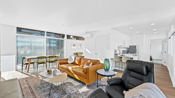 Smart TV, fireplace, books