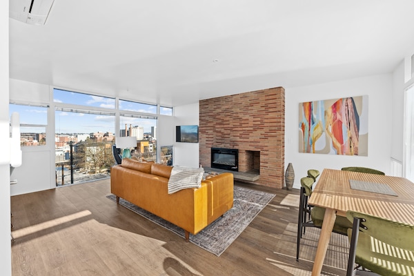 Dining and combined living space with
colored flame fire insert.
