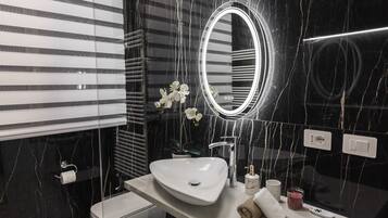 Shower, hair dryer, bidet, towels