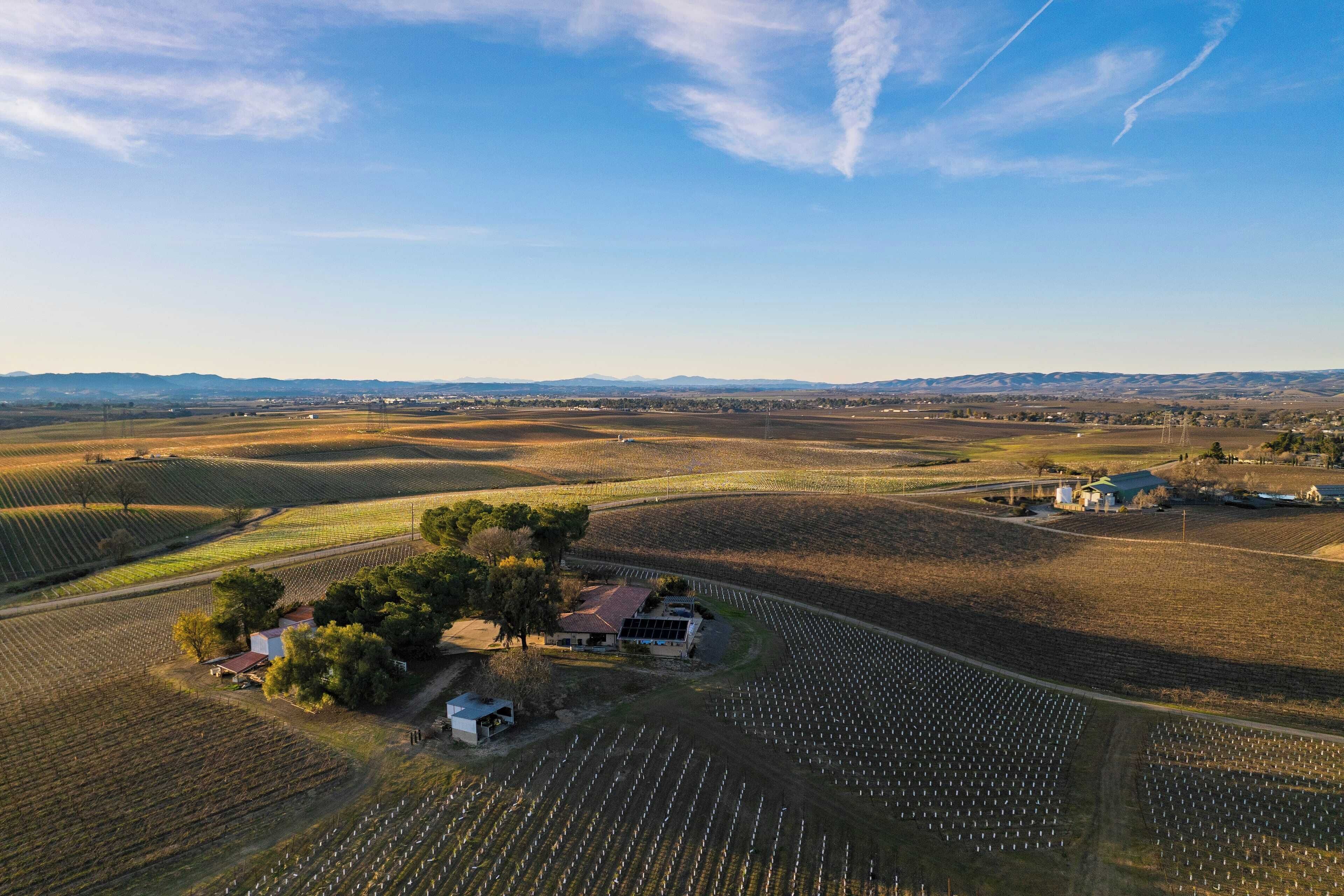 An aerial view of a rural landscape with fields, a small house surrounded by trees, and distant mountains.
