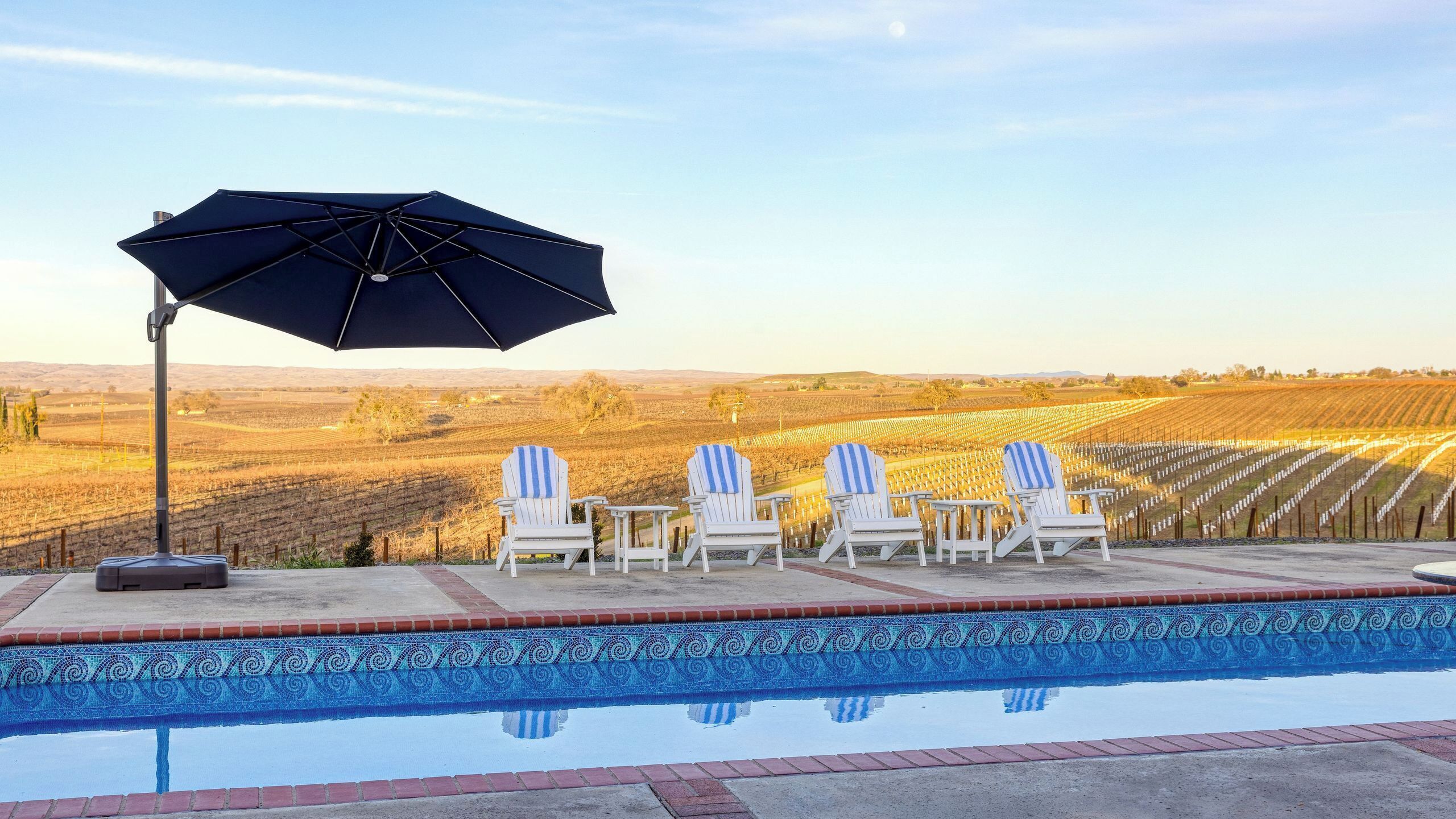 A poolside area with lounge chairs and an umbrella, overlooking a vineyard.