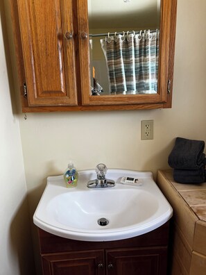 Hair dryer, towels, soap, toilet paper