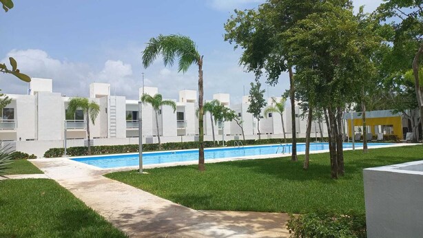 A pool area with a clear blue pool, surrounded by green grass and trees.