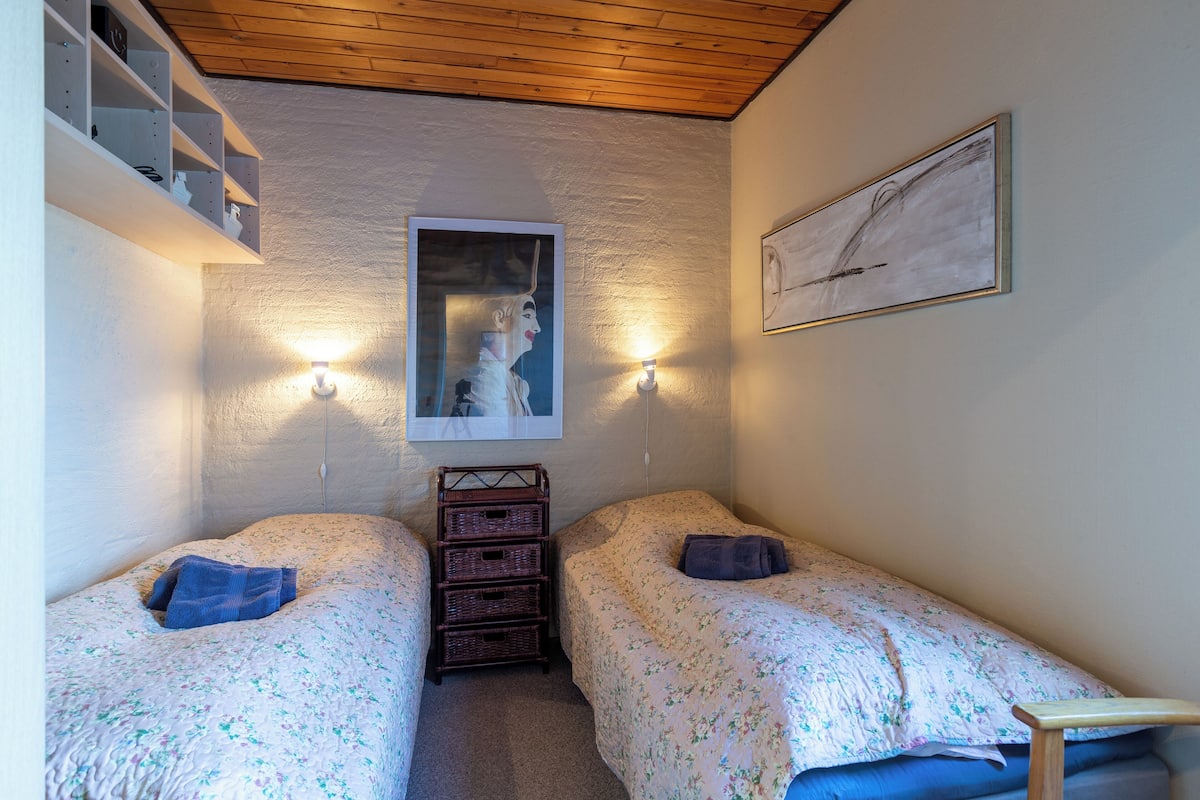 Ein kleines, gemütliches Schlafzimmer mit zwei Einzelbetten, einer Holzbalkendecke, einem an der Wand befestigten Regal und einem gerahmten Bild.
