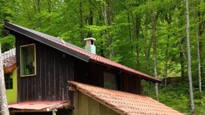 A rustic cabin with a sloped roof, wooden walls, and a chimney.