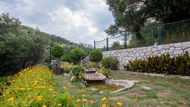 Ein Garten mit einer Steinmauer, einem kleinen Teich und gelben Blumen.