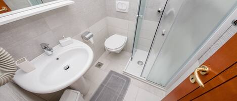 A modern bathroom with a large sink, toilet, and glass shower enclosure.