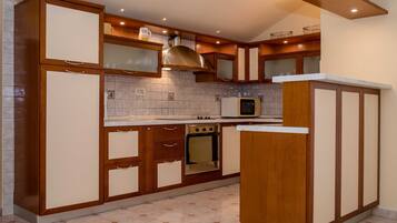 Fridge, oven, stovetop, cookware/dishes/utensils