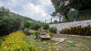 Un jardin avec un mur de pierres, un petit étang et des fleurs jaunes.
