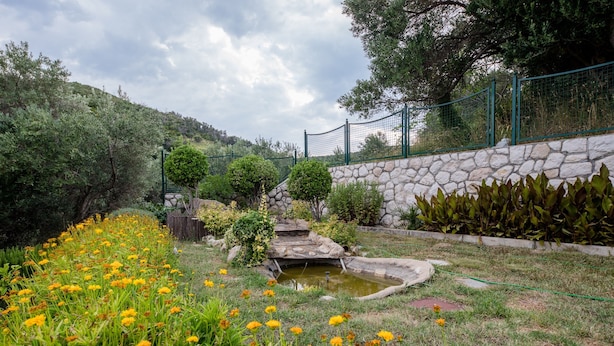 Un jardin avec un petit étang, un mur de pierres et une clôture.