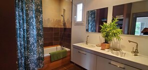 Regadera, secadora de cabello, toallas, papel de baño 