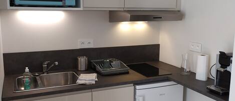 Frigorífico, microondas, placa de cocina y cafetera o tetera