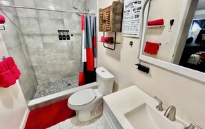 Shower, towels, soap, shampoo