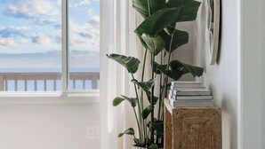 Ein Zimmer mit großem Fenster, einer Pflanze, einem Bücherregal und einem gewebten Beistelltisch.