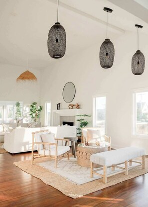 TV, fireplace, books, offices - 🏝️Luxe 5BD w/ Pool, Marsh Views & Steps to Beach (Folly Beach)