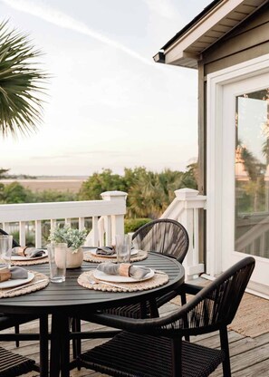 Outdoor dining - 🏝️Luxe 5BD w/ Pool, Marsh Views & Steps to Beach (Folly Beach)