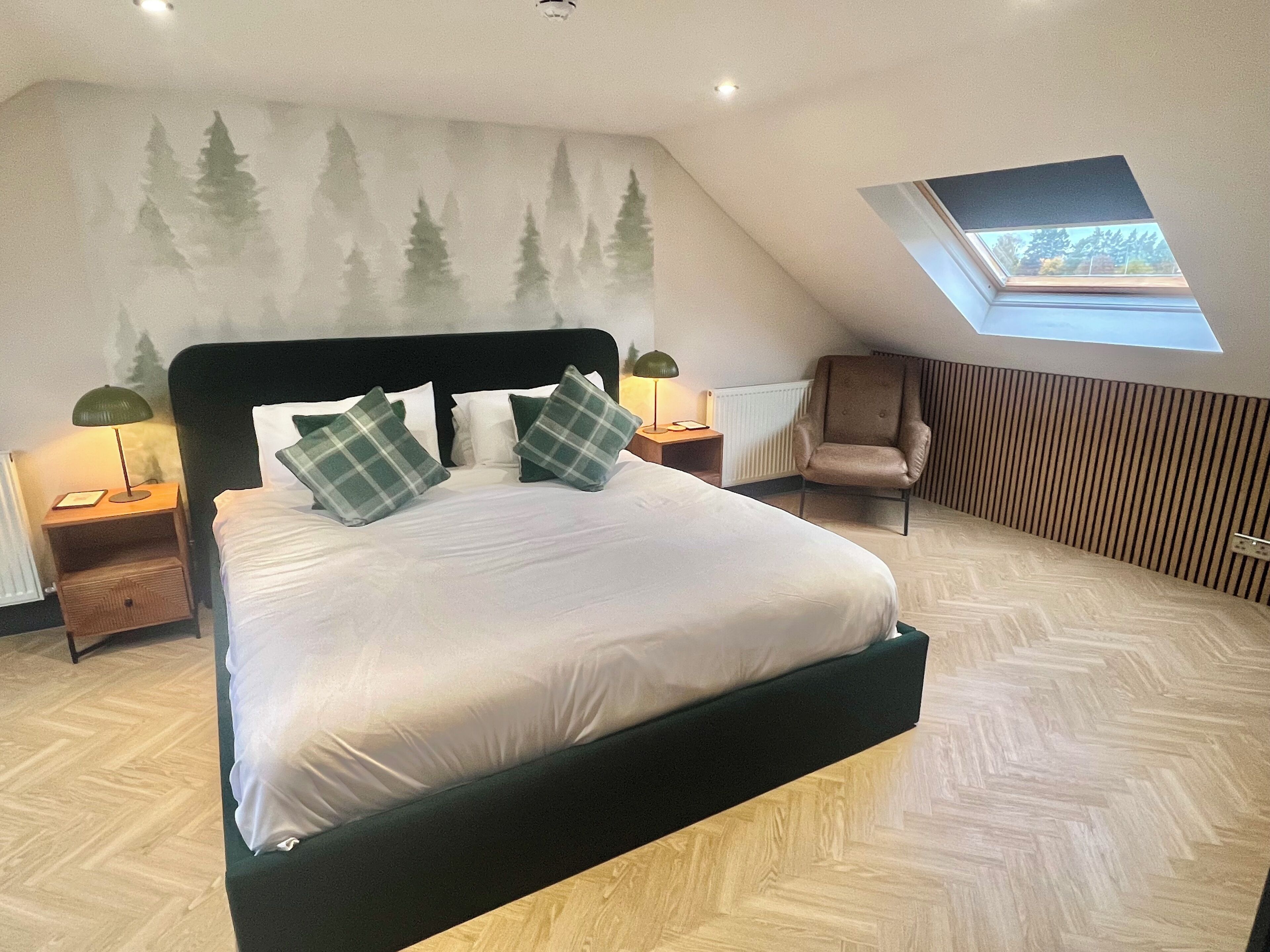 A bedroom with a bed, two nightstands, a chair, a skylight, and a forest mural on the wall.
