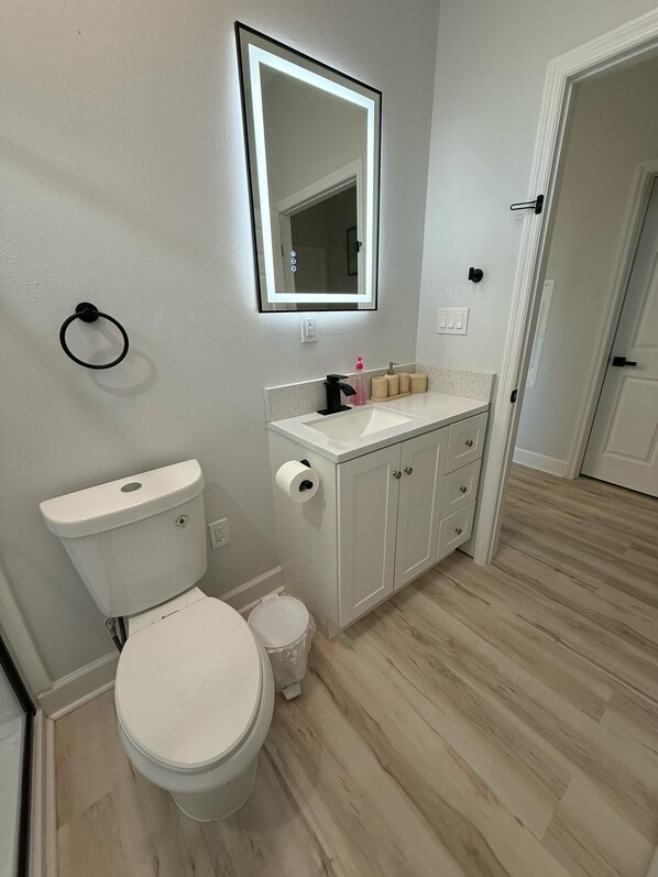 Une salle de bain avec des toilettes, un lavabo et un miroir.