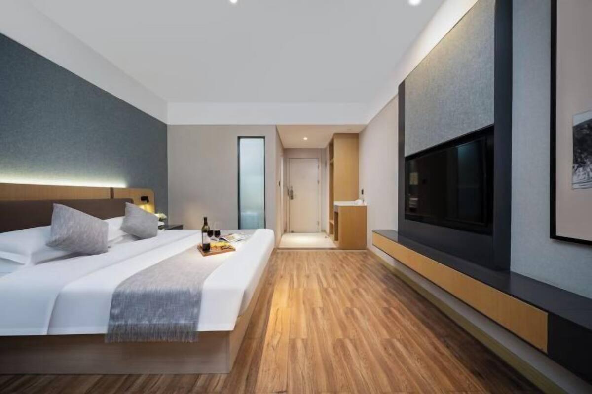 Une chambre d’hôtel moderne avec un grand lit, une télévision et un plancher en bois.