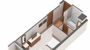 Plano de planta en 3D de una habitación de hotel con baño, kitchenette y un amplio ventanal.