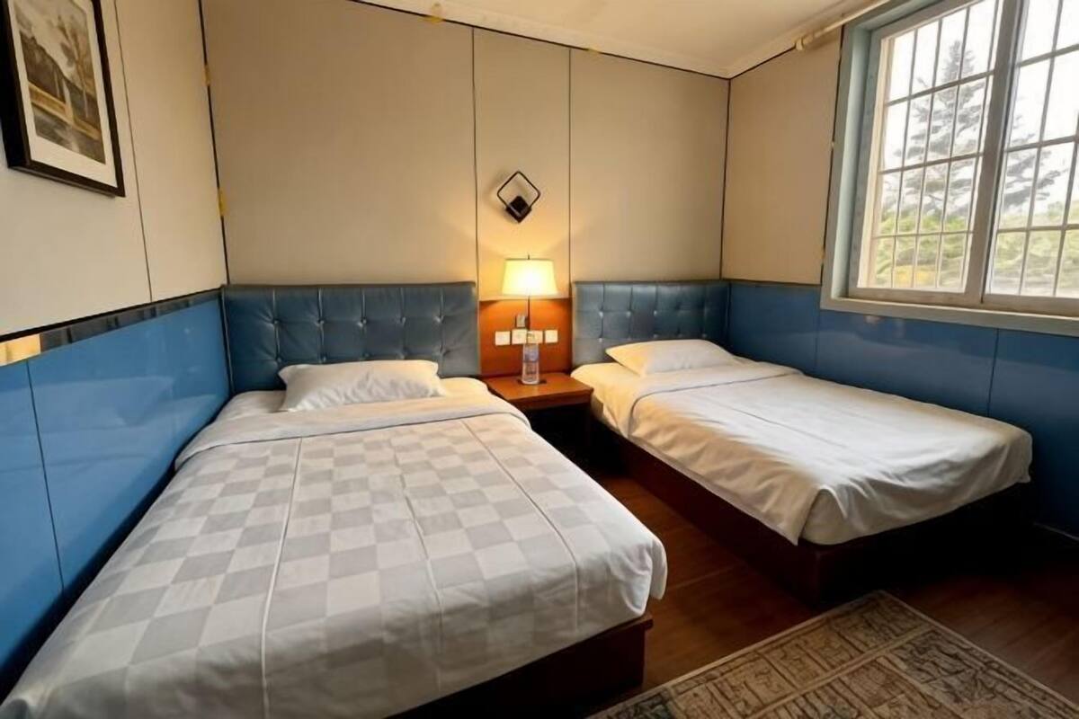 A room with two beds, a nightstand with a lamp, a window with a view, and a patterned rug.