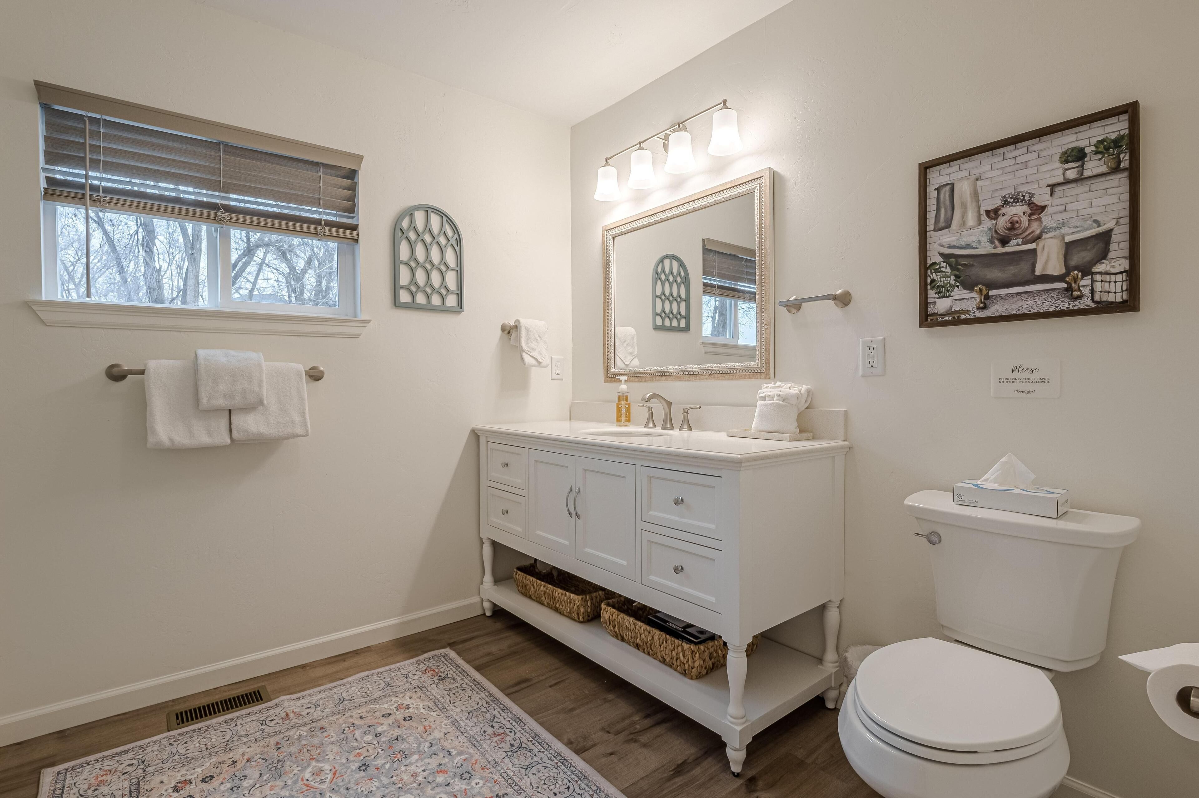 A bathroom with a white vanity, a large mirror, and a toilet.