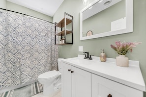 Hair dryer, towels, soap, shampoo