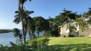 A coastal property with a well-maintained lawn, palm trees, and a view of the ocean.