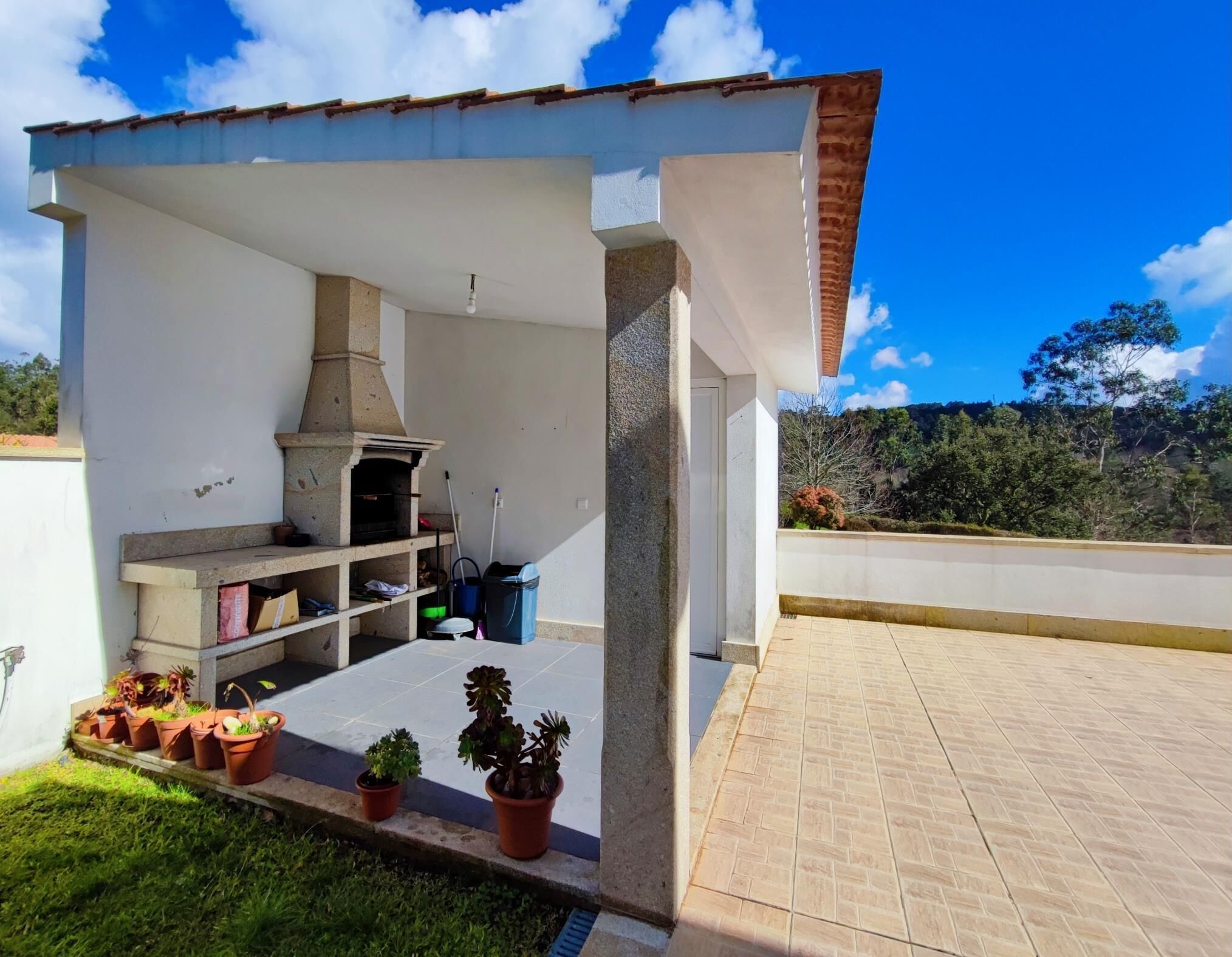 Un espacio al aire libre cubierto con una parrilla, plantas en macetas y un patio con baldosas.
