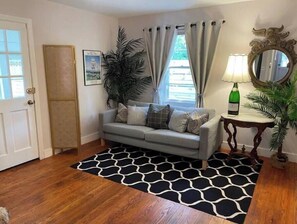 Smart TV, fireplace, books, music library
