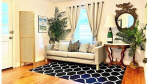 Smart TV, fireplace, books, music library