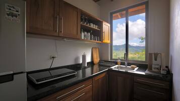 A kitchen with wooden cabinets, a countertop, a window with a view of mountains, and a kettle.