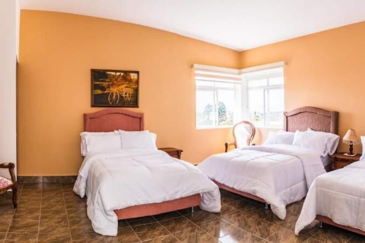 Une chambre d’hôtel avec trois lits, une armoire en bois et une fenêtre avec des stores.