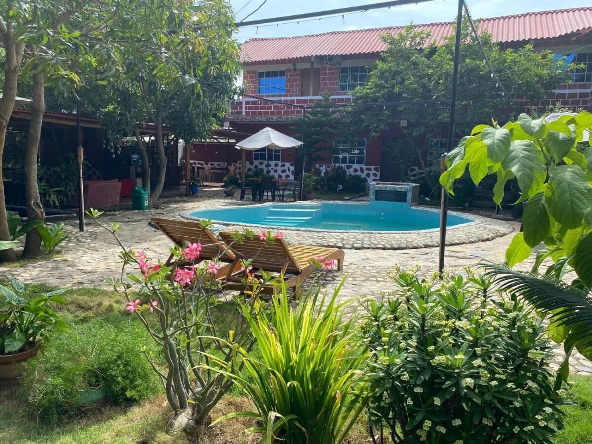 A swimming pool surrounded by lounge chairs and potted plants.