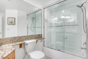 Hair dryer, towels, soap, toilet paper