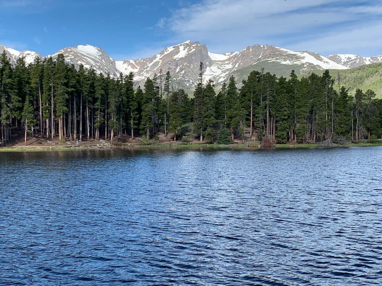 Un lago con un bosque y montañas al fondo.