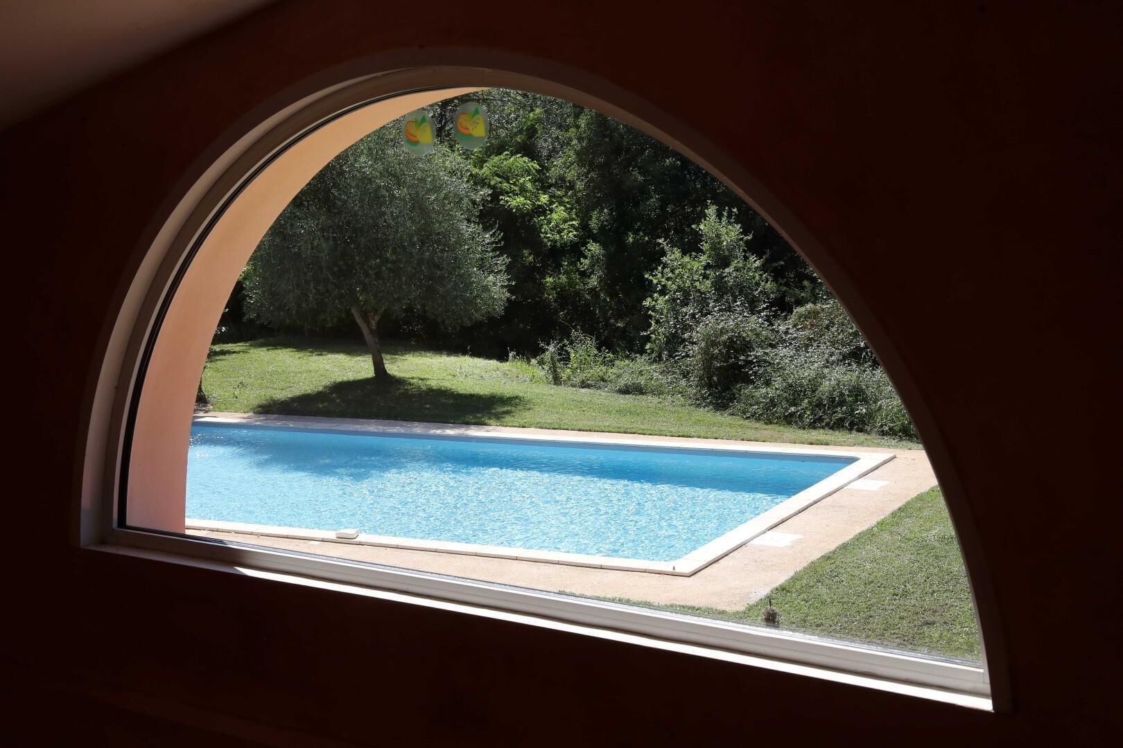 Une vue à travers une fenêtre sur une piscine entourée de verdure.