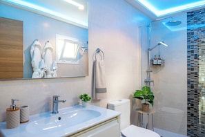 Shower, hair dryer, towels, soap