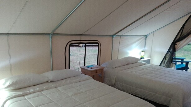 A tent with two beds, each with white bedding and pillows. There is a small table between the beds with a lamp on it.