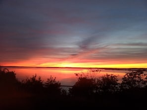 A sunset over a calm body of water with silhouettes of trees in the foreground.