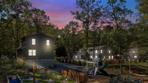 A residential area with a house, a playground, and a pool. - Emerald Bliss, MiniGolf Bowling Playset Beach Horseshoe Cornhole (Towamensing Trails)