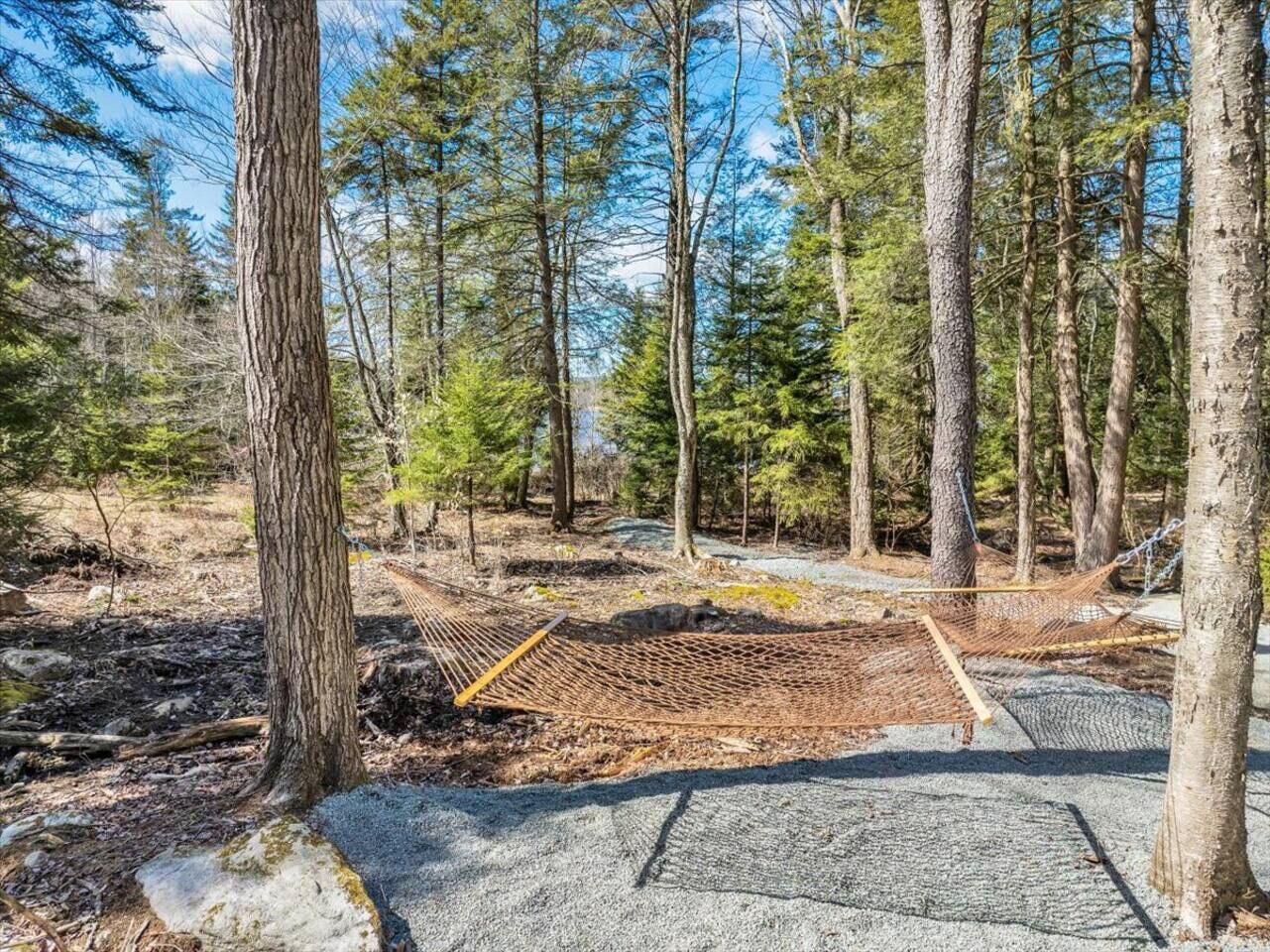 Un terrain de camping équipé d’un hamac et d’un sentier de gravier.