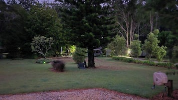 A well-maintained garden with a large tree, a gravel path, and a small shed.