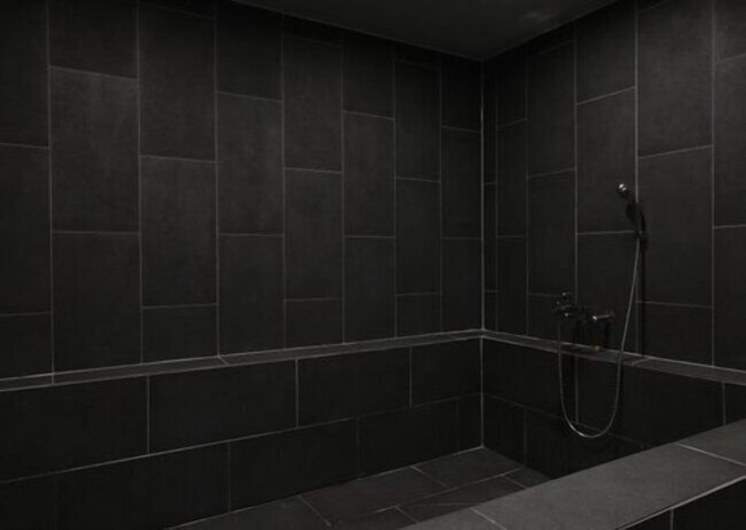 Une douche carrelée aux couleurs sombres, dotée d’un pommeau de douche à main et d’un robinet mural fixe.