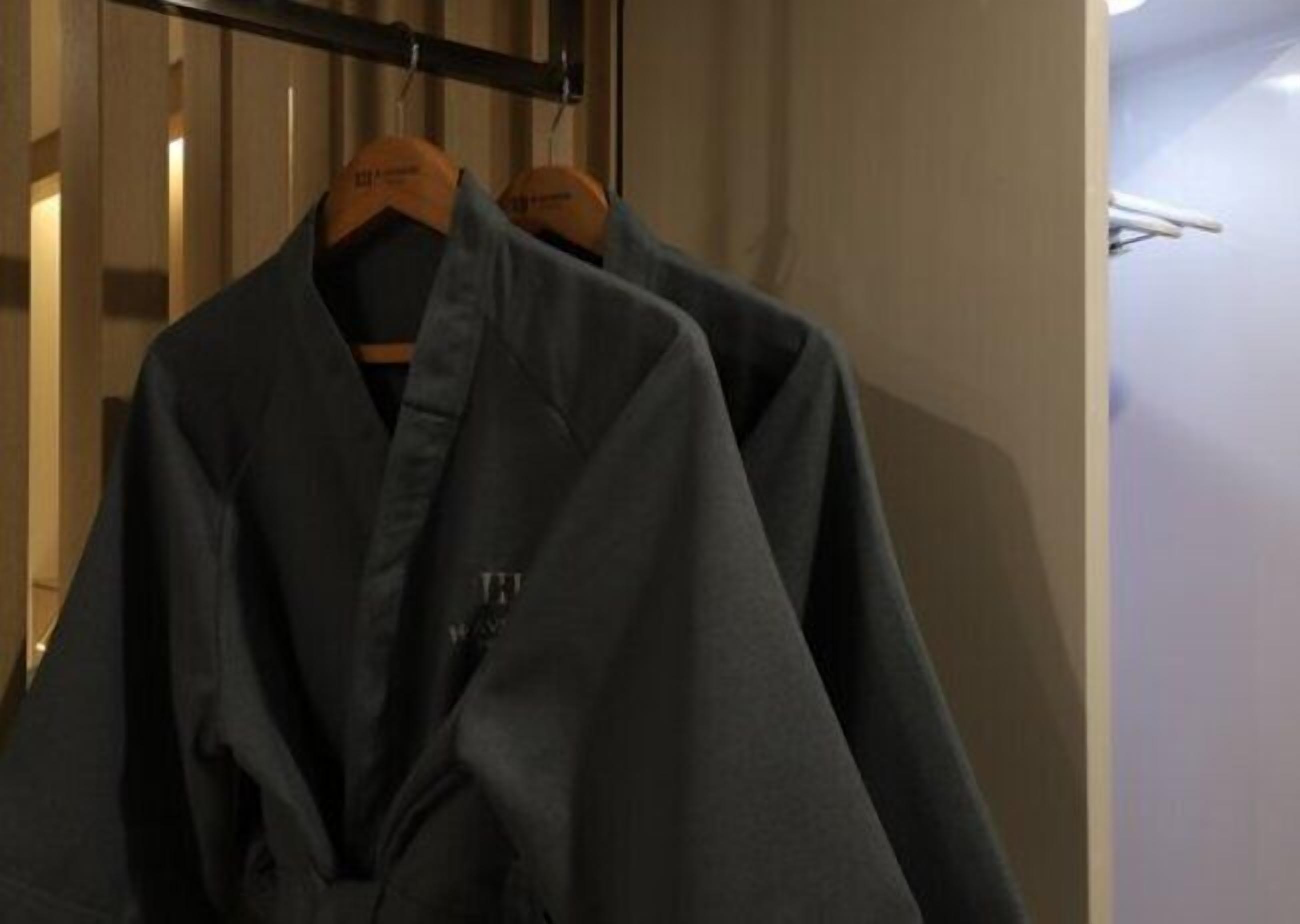 A room with a wooden wardrobe and a hanging coat rack.