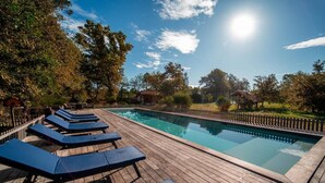 A rectangular swimming pool with a wooden deck and lounge chairs.