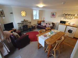 Smart-TV, Kamin, DVD-Player, Bücher