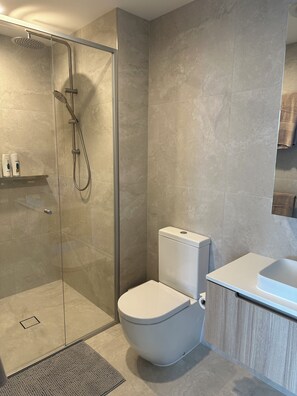 Dusche, Haartrockner, Handtücher, Seife