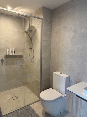 Shower, hair dryer, towels, soap