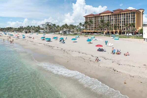 A beach with clear waters, sun loungers, umbrellas, and a hotel in the background.